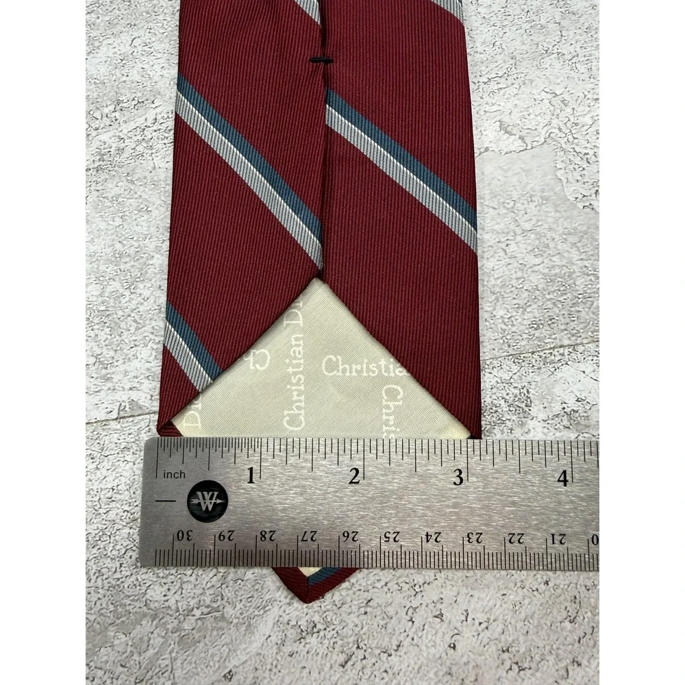 Vintage Christian Dior Tie Mens OS Red Striped Embroidered Necktie Poly-Silk